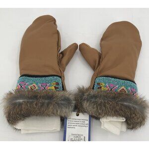 Astis Polartec Beaded Mittens Size Small Tan Suede Leather Fur With Bags